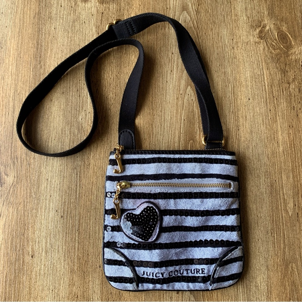 Vintage Juicy Couture Crossbody Bag Grey Stripe Sequin Heart Black Gold Y2K